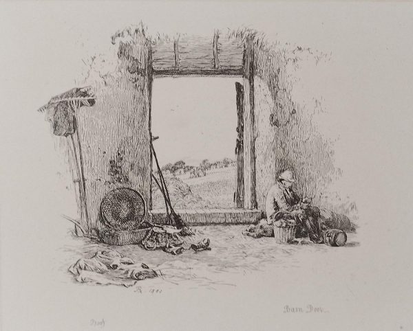 Etching published in 1864, dated in the plate 1842 by Robert Brandard titled The Barn Door