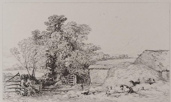 Etching published in 1864, dated in the plate 1842 by Robert Brandard titled Barn Yard Leicestershire