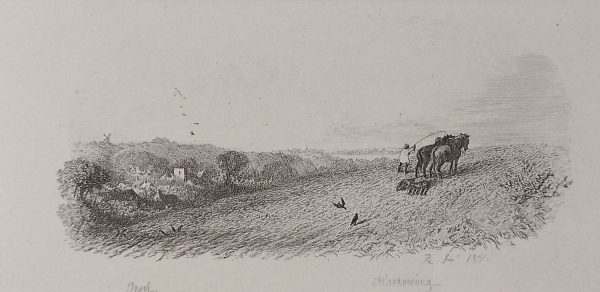 Etching published in 1864, dated in the plate 1856 by Robert Brandard titled Harrowing