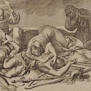 Etching from 1866 after a drawing by Daniel Maclise RA, titled The night after the battle, Edith discover amid the slain, the body of Harold.