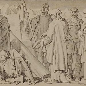 Etching from 1866 after a drawing by Daniel Maclise RA, The day before the battle. A Knight with monks, sent by William to negotiate with Harold