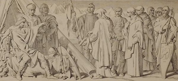 Etching from 1866 after a drawing by Daniel Maclise RA, The day before the battle. A Knight with monks, sent by William to negotiate with Harold