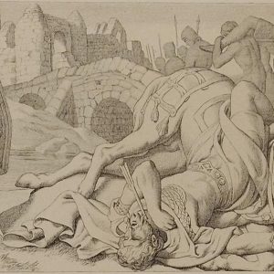 Etching from 1866 after a drawing by Daniel Maclise RA, titled The death of Tostig and Harold Hardrada, after the battle of Stamford.