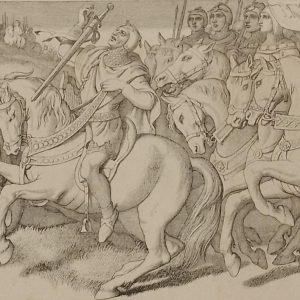Etching from 1866 after a drawing by Daniel Maclise RA, titled Morning of the battle. The Norman Chief Taillefer, leads Duke William's van.