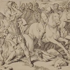 Etching from 1866 after a drawing by Daniel Maclise RA, titled The Normans retreating, are stayed and turned by William