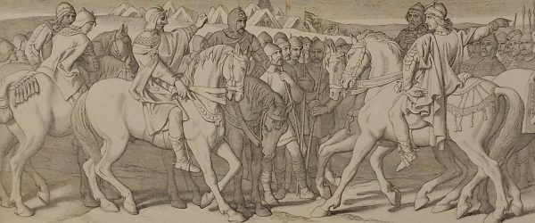 Etching from 1866 after a drawing by Daniel Maclise RA, titled Harold's interview with Tostig his brother and with Hardrada.