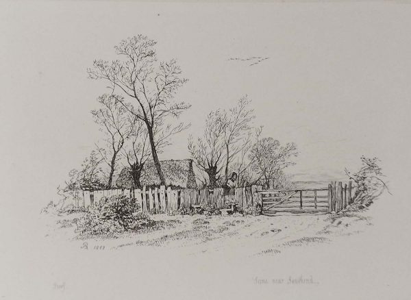 Etching published in 1864, dated in the plate 1842 by Robert Brandard titled Lane near Southend.