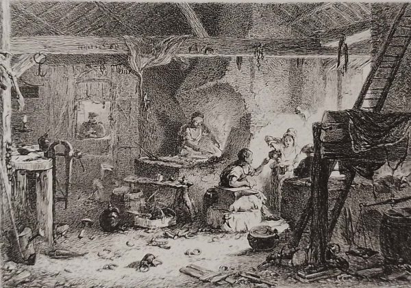 Etching published in 1864, dated in the plate 1851 by Robert Brandard titled The Village Forge
